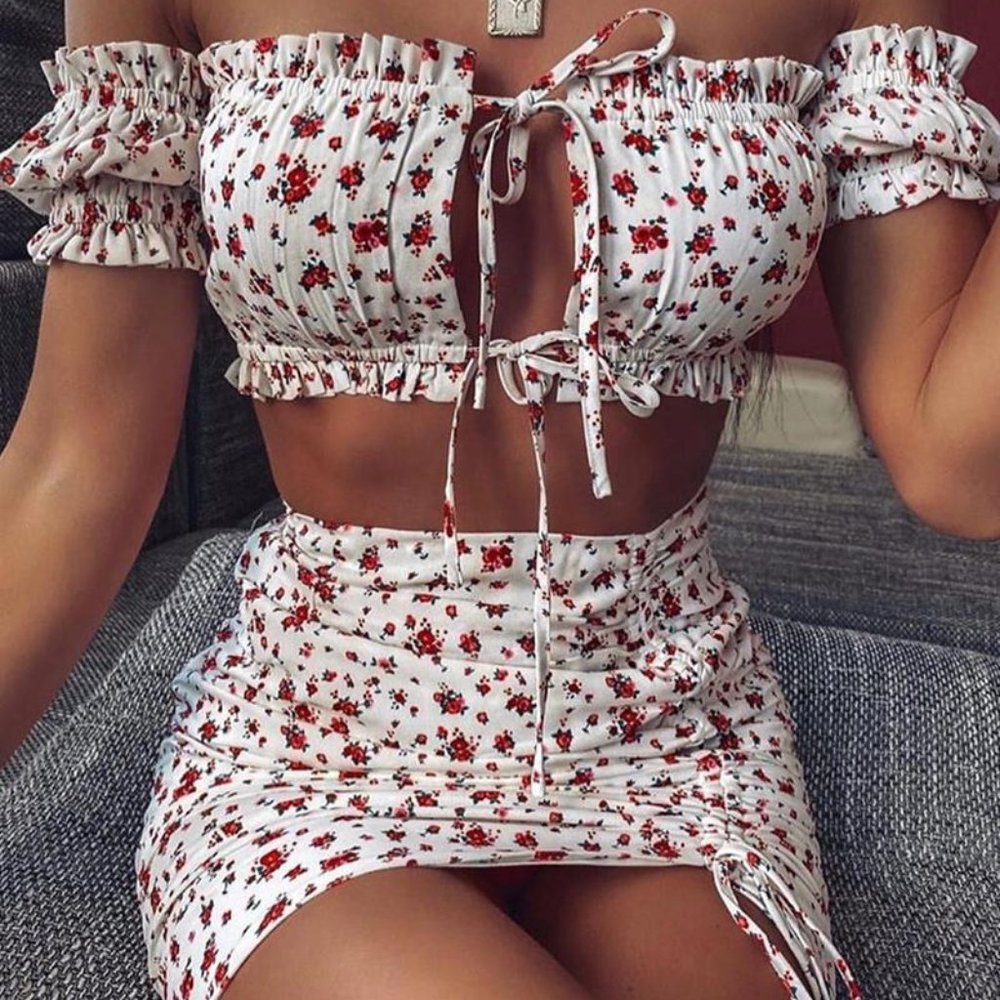 Floral Tie Front Crop Top & Skirt Set